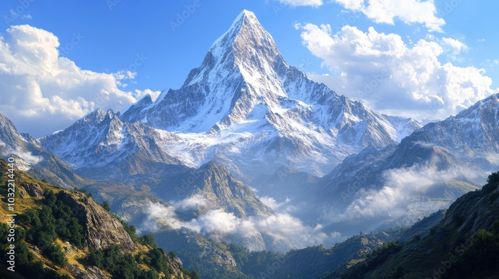 Obraz premium Snow-capped mountain range with clouds and trees.