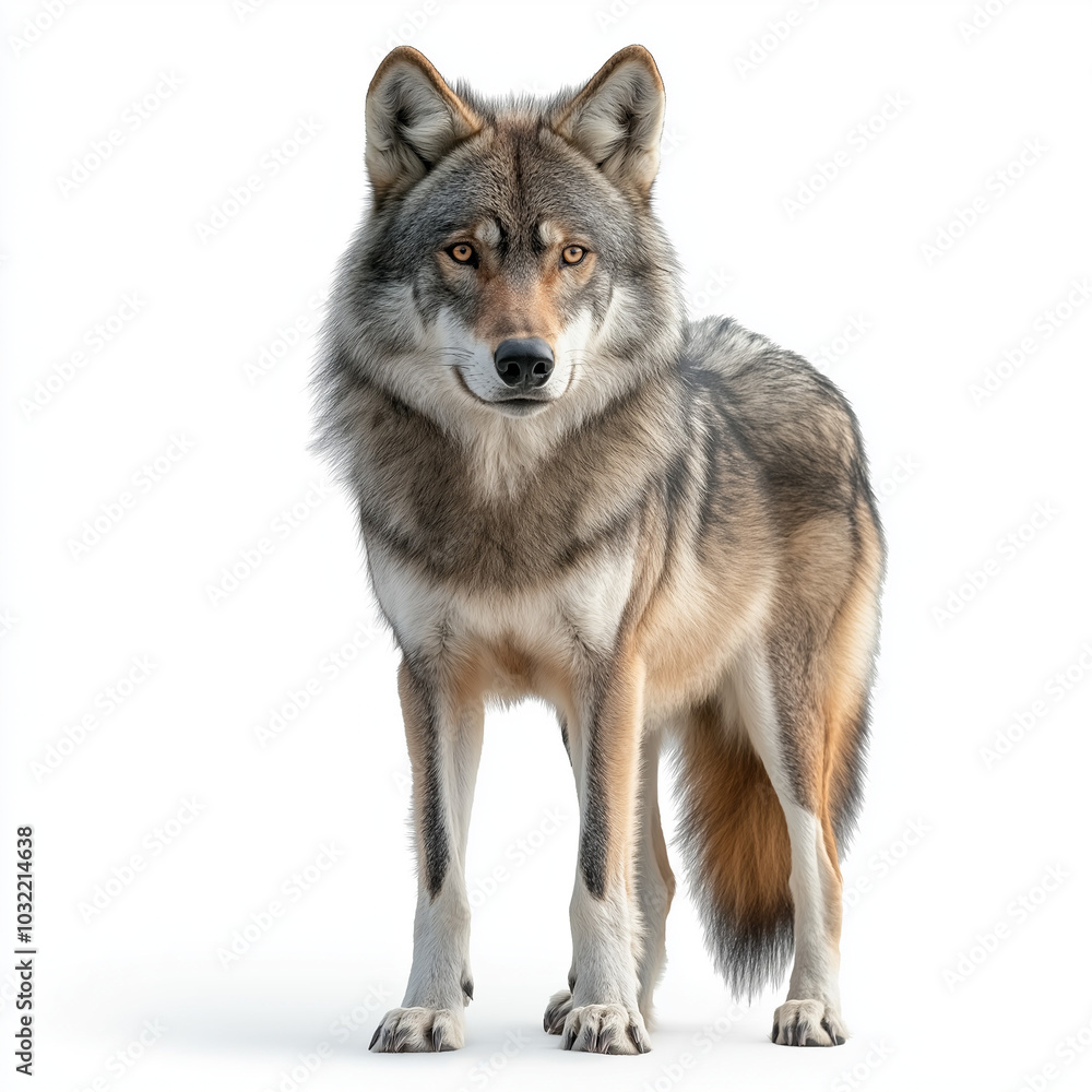 Lone grey wolf standing against white background Lone grey wolf standing against white background