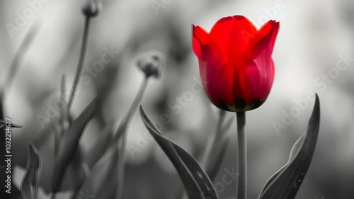 Red tulip in selective color amidst black and white flowers, artistic floral concept.