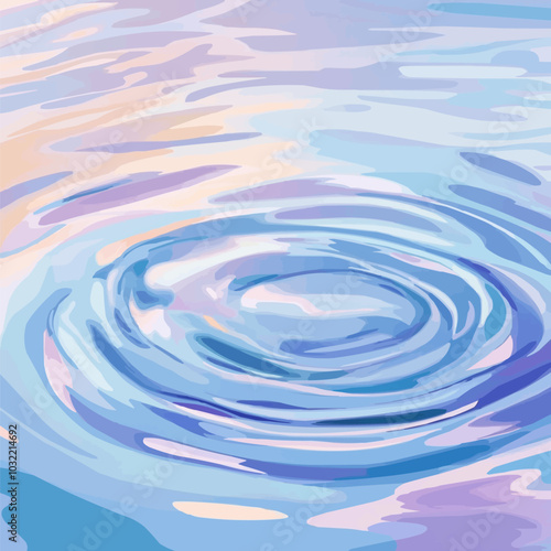 Flat design vector of abstract water ripples in soft blues and purples, creating a meditative, calming visual.