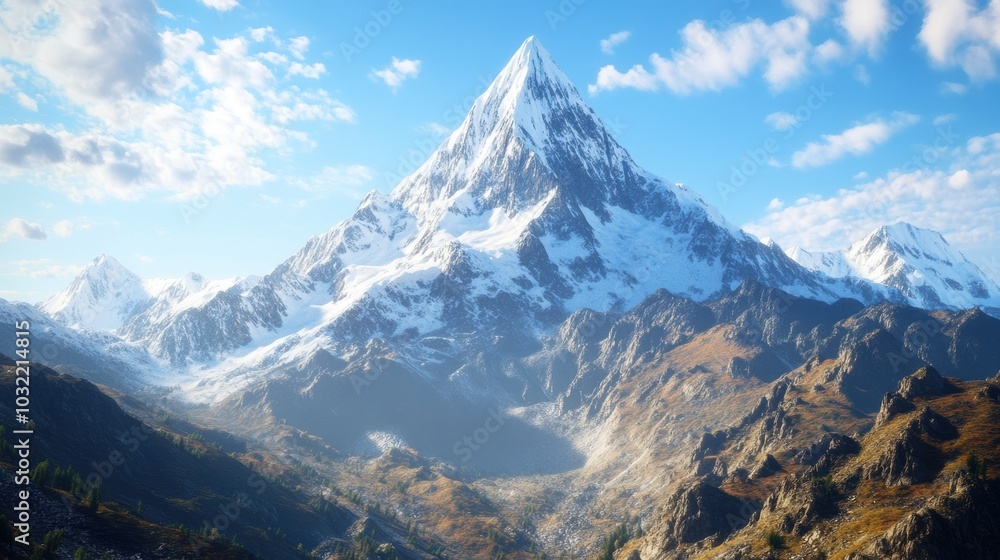 Obraz premium Snowy mountain peak against blue sky and clouds.