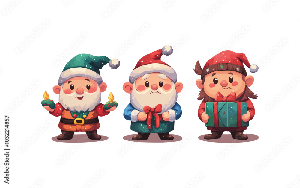 Funny Xmas winter baby dwarf little fantasy helper characters creature with gift, new year vector isolated symbols set Funny Xmas winter baby dwarf little fantasy helper characters creature with gift, new year vector isolated symbols set