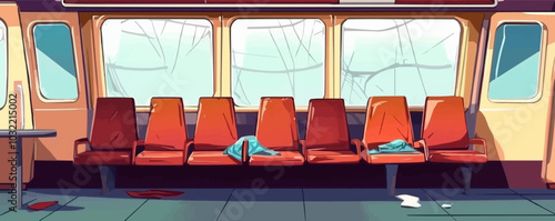 Abandoned train inside with damaged seats by broken window. Vector cartoon illustration of old passenger car, dirty metro compartment with dusty chairs, cobweb on walls, garbage on table, bad service
