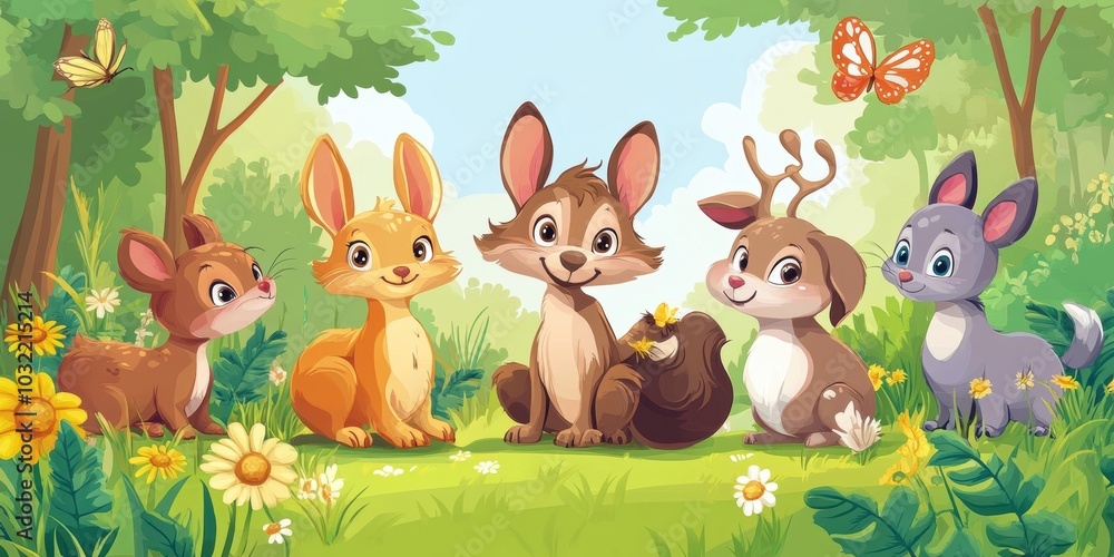 Fototapeta premium Five cartoon animals in a forest clearing.