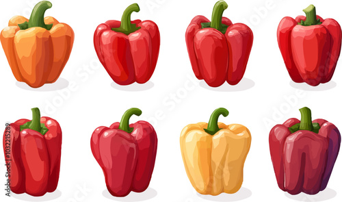 Peppers. Sweet red bell pepper, raw paprika vegetarian healthy ingredient, set vector illustration