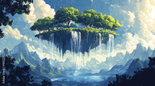 Vector illustration of a surreal floating island with waterfalls cascading into the sky and trees growing upside down.