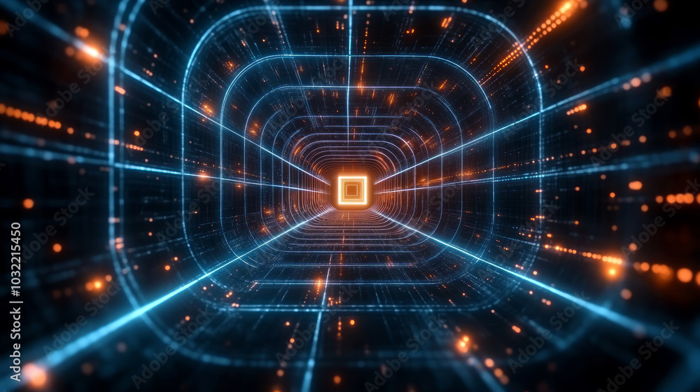 3D rendering neon line tunnel business technology background 3D rendering neon line tunnel business technology background