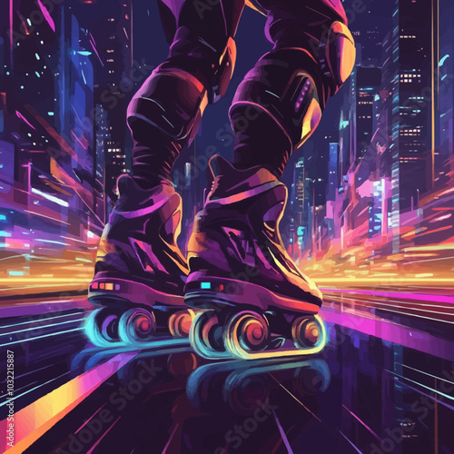 Rollerblades from 90s with neon accents, moving through futuristic cityscape filled with glowing elements. Vector illustration.
