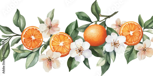 Fleur d'orange branches with oranges and flowers. Watercolor floral elements, decorative fruits and blossom. Trendy prints, vector templates set