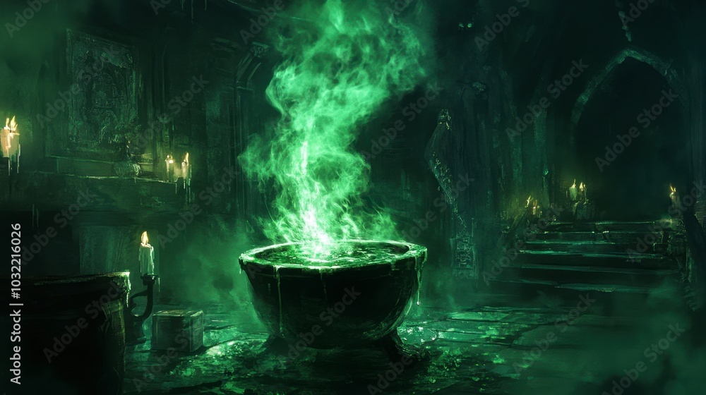 Enchanted Green Cauldron in Dark Chamber Enchanted Green Cauldron in Dark Chamber
