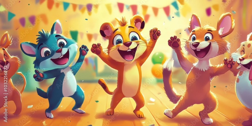 Fototapeta premium Four happy cartoon animals dancing.