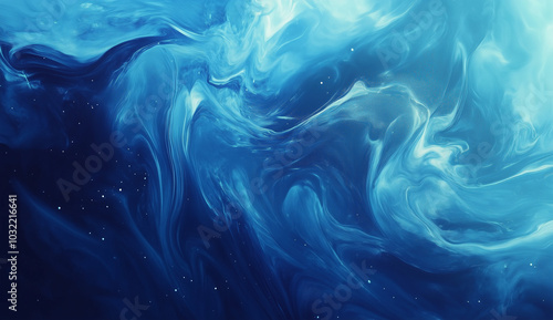 Abstract Blue Fluid Marble Texture with Swirling Waves and Cosmic Elements for Modern Design Background