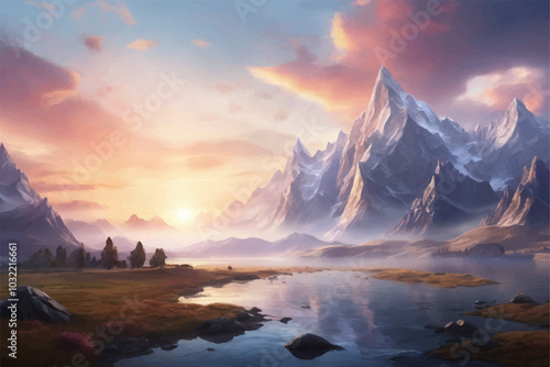 Serene sunrise illuminates a majestic mountain landscape. photo