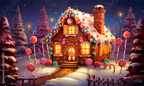 Gingerbread house decorated with icing, candy canes, and gumdrops, glowing warmly. Vector illustration.