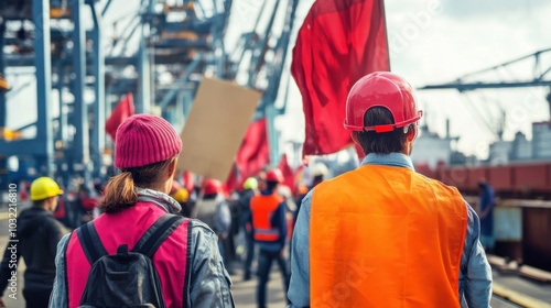 Workers united in vibrant protest at the docks. Featuring colorful signs calling for fair treatment. Highlighting the urgency of labor negotiations in shipping. Ideal for journalistic content photo