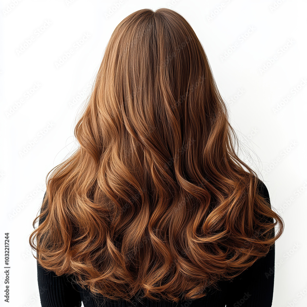 Fototapeta premium A woman with long brown hair is shown with her back to the camera. The hair is styled in a way that it is flowing and is very long. Scene is one of elegance and sophistication