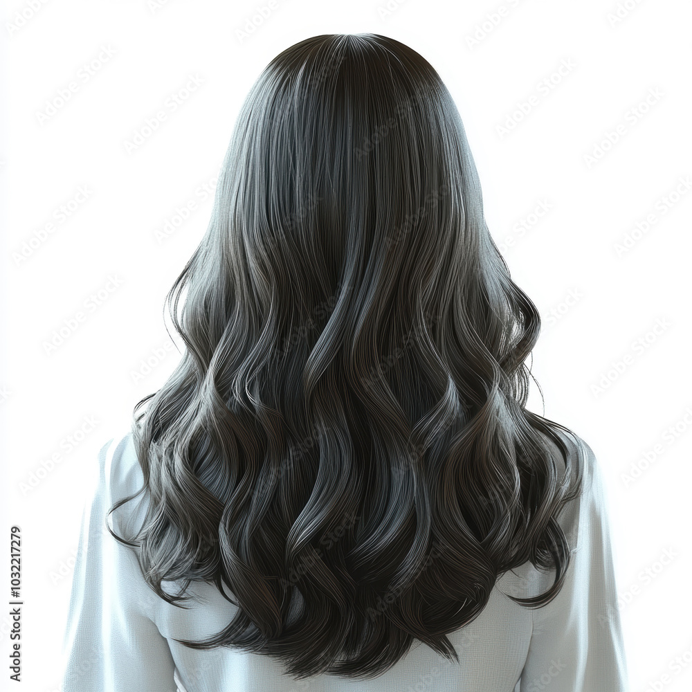 Fototapeta premium A woman with long, dark hair is shown with a white background. The hair is styled in a way that it is flowing and is very long. Concept of elegance and sophistication