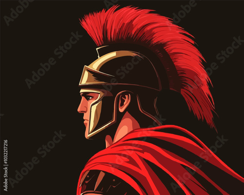 Soldier in helmet with mohawk, roman empire or greece warrior isolated man head portrait with sword. Vector legendary sparta hero, trojan fighter armored hoplite in red cloak. Mythology legionnaire