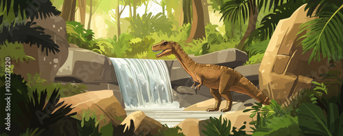 Baryonyx prehistoric dinosaur character in a lush forest setting with a cascading waterfall and rocks. Cartoon vector ancient carnivore reptile animal of Early cretaceous era in its natural habitat