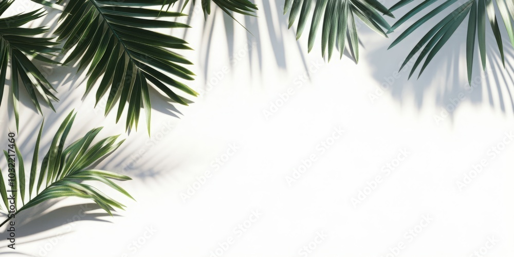 Palm Leaves and Their Shadows on a White Background: Exuding a Serene Tropical Aesthetic. Palm Leaves and Their Shadows on a White Background: Exuding a Serene Tropical Aesthetic.