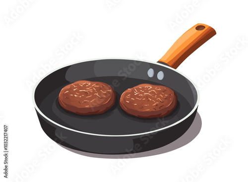 Frying pan with two browned meat cutlets cooking inside. Isolated cartoon vector kitchen skillet with a wooden handle emphasizing the cooking process and preparation meal from homemade minced meat