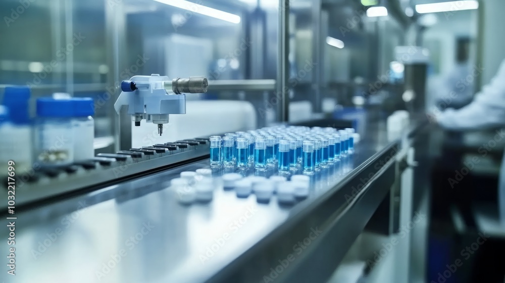 Fototapeta premium Automated Pharmaceutical Production Line with Medication Vials: Embracing Technology for Quality Control and Efficiency.