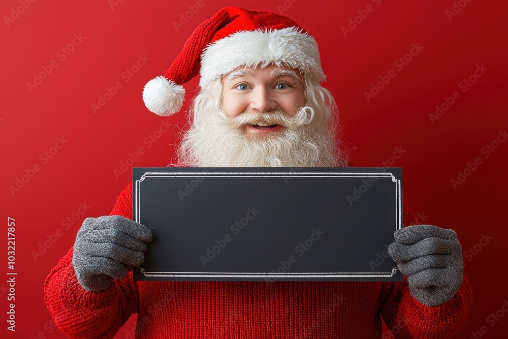 Naklejka premium Cheerful Santa Claus holds a blank sign, ready for personalized messages this holiday season. Perfect for Christmas greetings and festive designs.