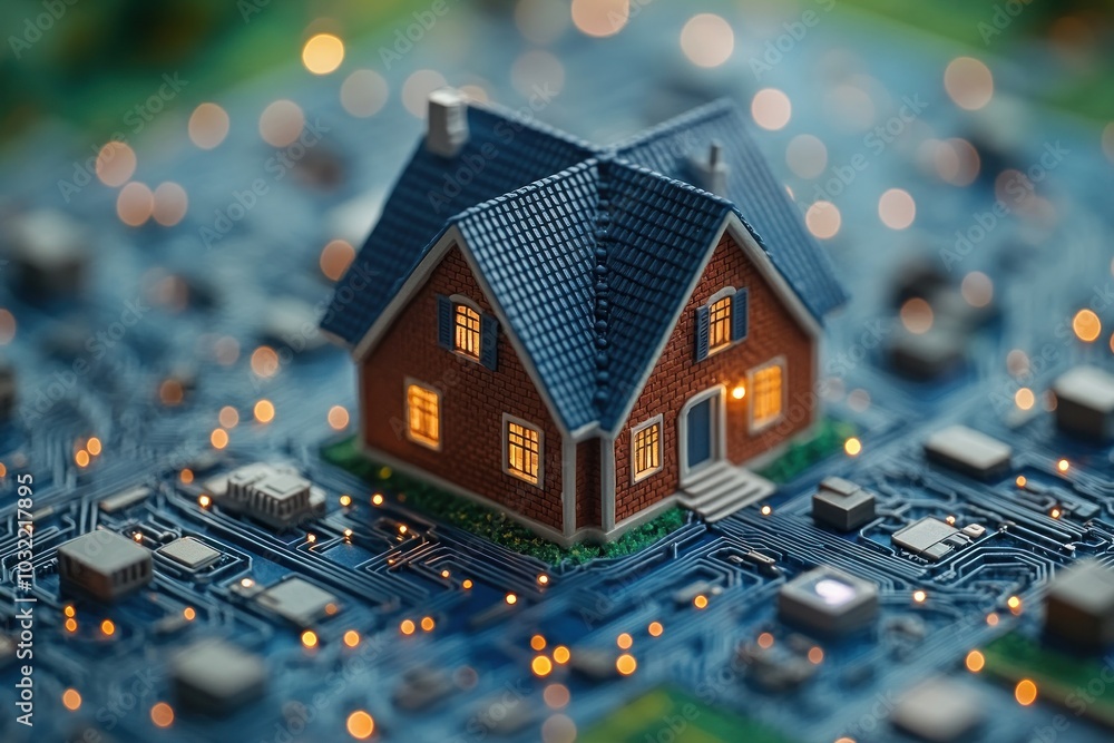 A small model house sits on a circuit board, representing the concept of smart homes and technology integration. A small model house sits on a circuit board, representing the concept of smart homes and technology integration.