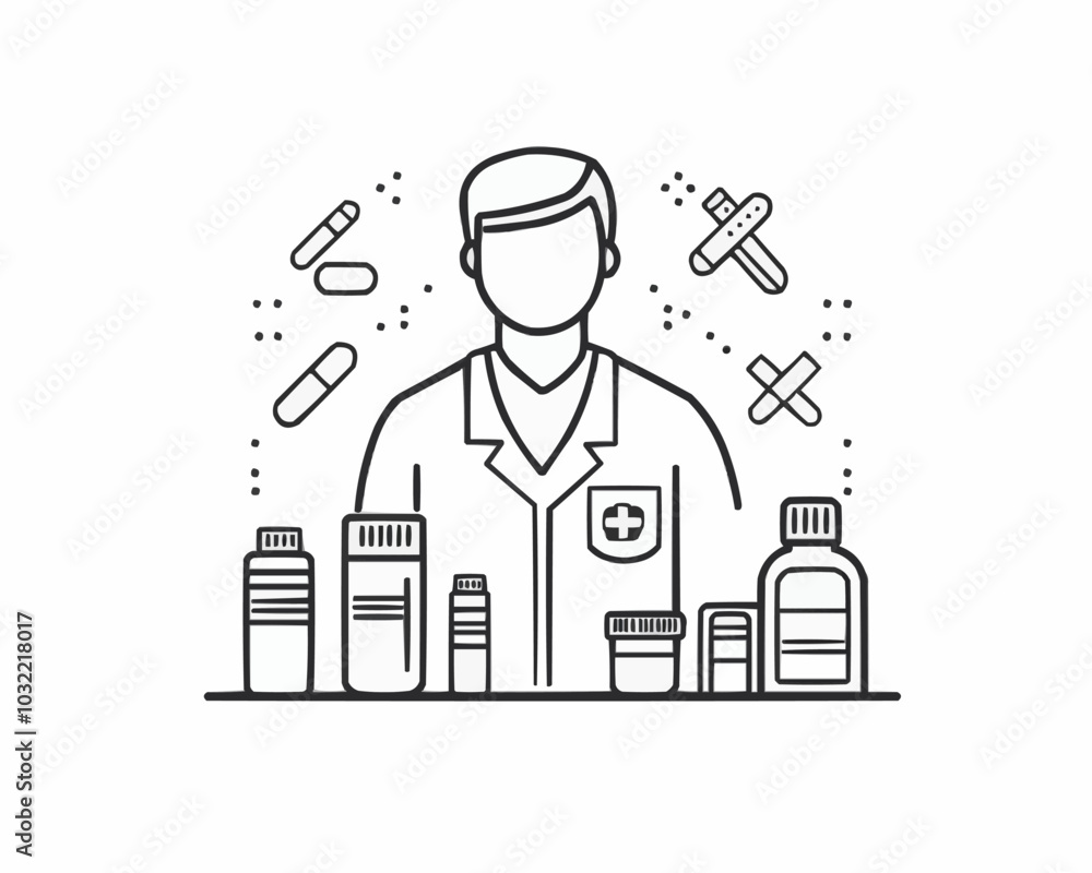 Pharmacist line icon, pharmacy chemist or apothecary doctor, outline vector. Medical and pharmaceutical specialist of drug store or hospital clinic, thin line pictogram of pharmacy medical worker Pharmacist line icon, pharmacy chemist or apothecary doctor, outline vector. Medical and pharmaceutical specialist of drug store or hospital clinic, thin line pictogram of pharmacy medical worker