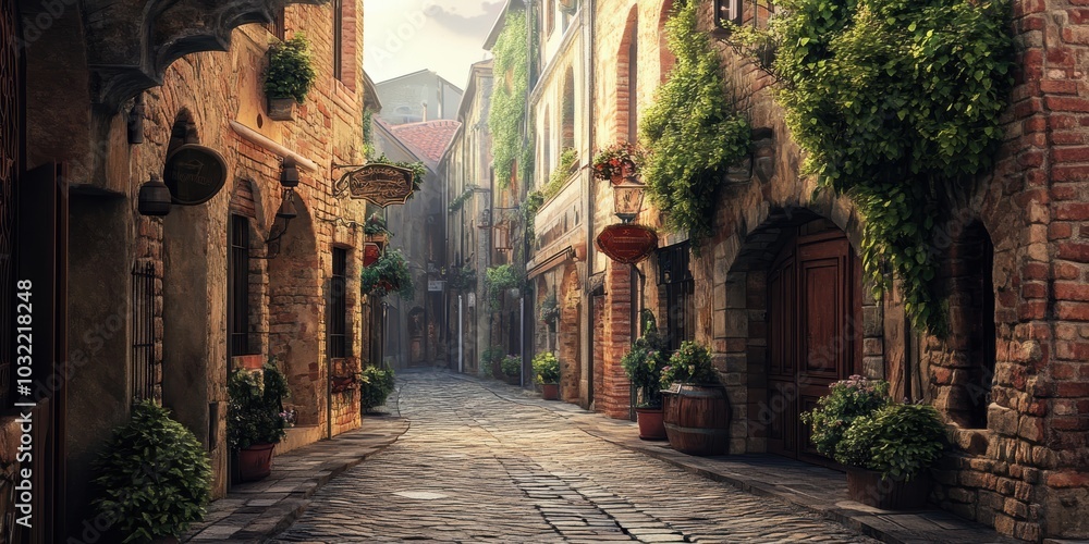 Fototapeta premium Cobblestone street lined with old buildings.