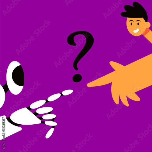 Confused man and robot in doubt, uncertainty. Choice, dilemma, decision making concept. Decision, choosing between options, asking questions, requests. Flat vector illustration.