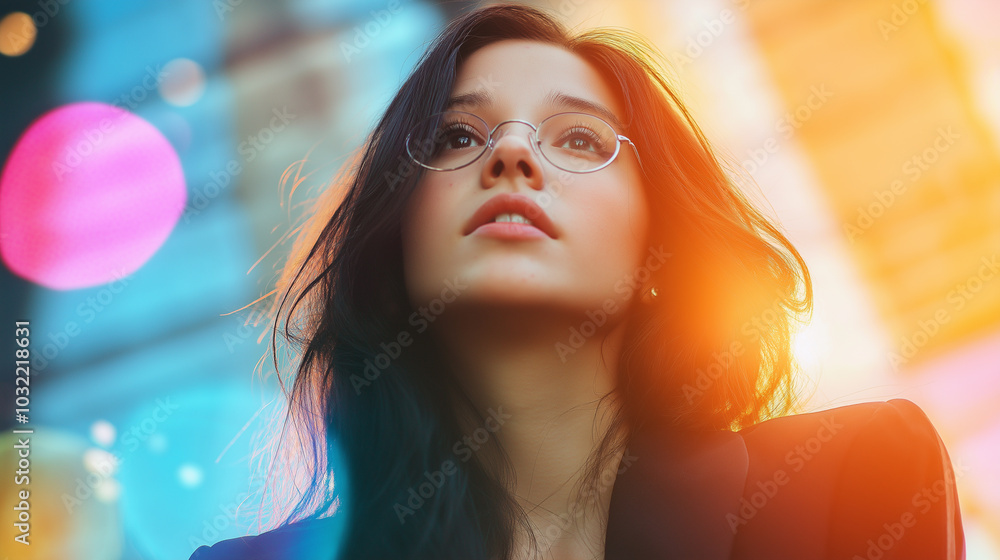 Young attractive woman in glasses and office suit stands against modern city, bright and attractive advertising photo. Young attractive woman in glasses and office suit stands against modern city, bright and attractive advertising photo.
