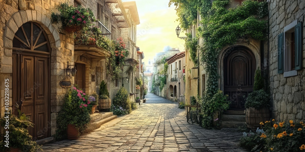 Fototapeta premium Cobblestone street between old stone buildings with flowers.