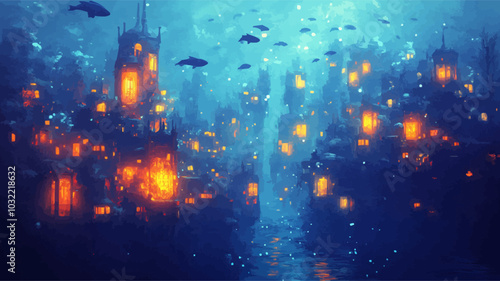 Vector illustration of a dreamlike underwater city with glowing towers and fish swimming through the streets.