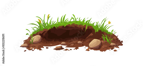 PNG Ground hole or dip pit burrow in earth soil with grass and dirty stones on edges, cartoon vector. Dig pit hole hollow or underground burrow of groundhog or mole in garden or forest ground soil