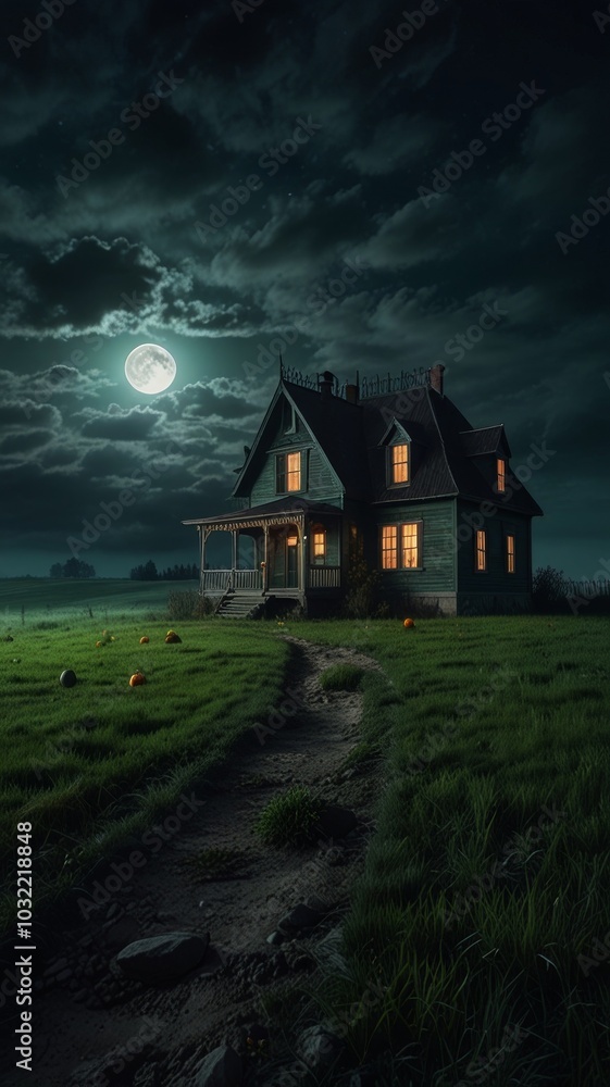 Enchanting Halloween night at a spooky house with glowing jack-o'-lanterns under a full moon Enchanting Halloween night at a spooky house with glowing jack-o'-lanterns under a full moon
