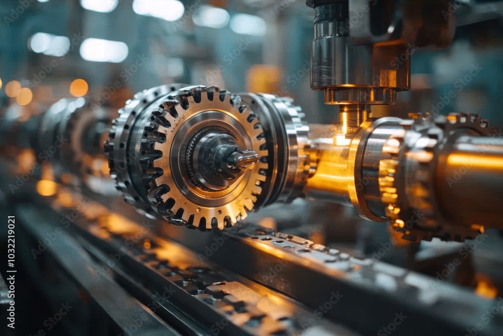 Closeup of a metal part being processed on an industrial production line. Closeup of a metal part being processed on an industrial production line.