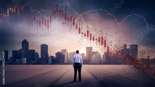 Graph showing stocks nosediving, with a shadowy hand pushing it downward. A businessman observes a financial decline amidst a city skyline. photo