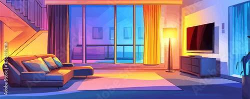 Cozy home or hotel light living room interior at night. Cartoon modern hall with big sofa and armchairs, light from floor lamp, stairs to second floor and windows with curtains, tv on wall and cabinet