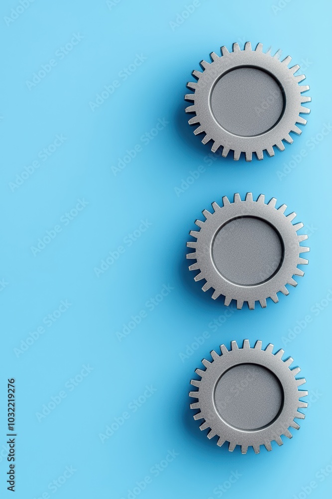 Three metallic gears arranged on a blue background, symbolizing innovation and engineering in design and technology. Three metallic gears arranged on a blue background, symbolizing innovation and engineering in design and technology.