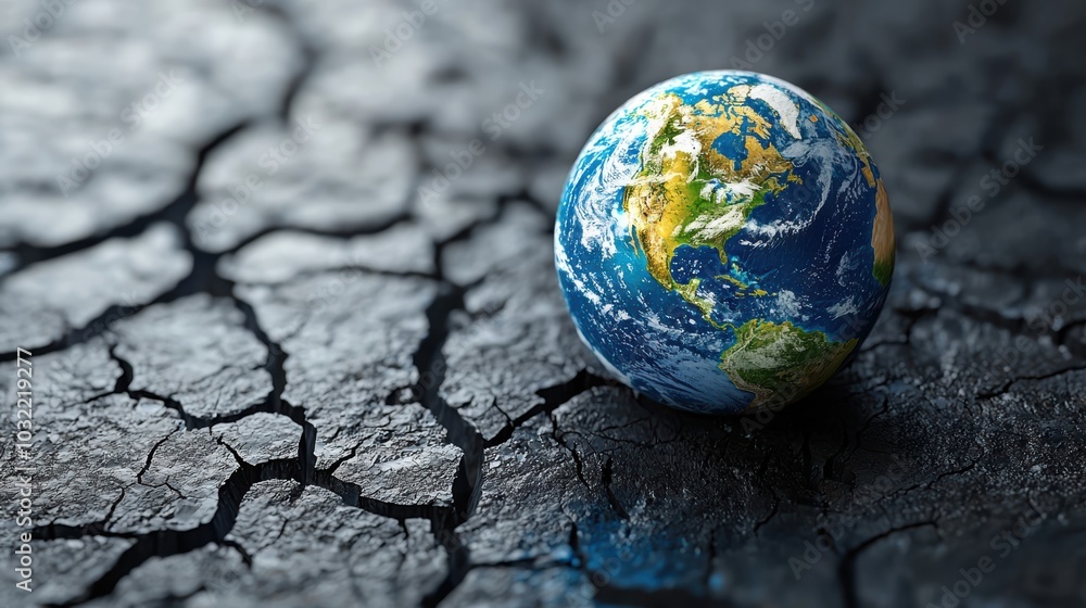 A close-up view of Earth centered on North America, placed on a cracked, dry surface symbolizing climate change and environmental issues. A close-up view of Earth centered on North America, placed on a cracked, dry surface symbolizing climate change and environmental issues.