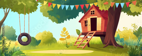 Children treehouse with ladder, tire swing, garlands and flags decoration. Cartoon vector cute kids house on green garden or park trees for summer activity and play. Child wood hut for playground.