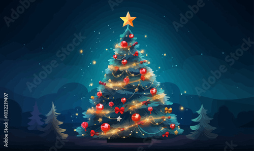 Decorated Christmas tree with sparkling ornaments and twinkling fairy lights. Vector illustration.