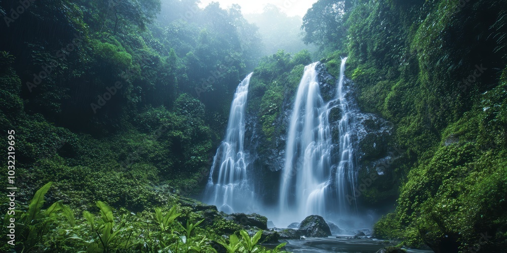 Three waterfalls cascade through lush green foliage. Three waterfalls cascade through lush green foliage.