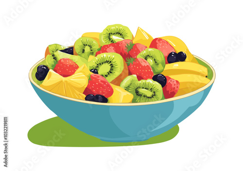 A vibrant bowl filled with assorted fresh fruits such as strawberries, bananas, and kiwi ready for customization, Customizable fruit salad illustration