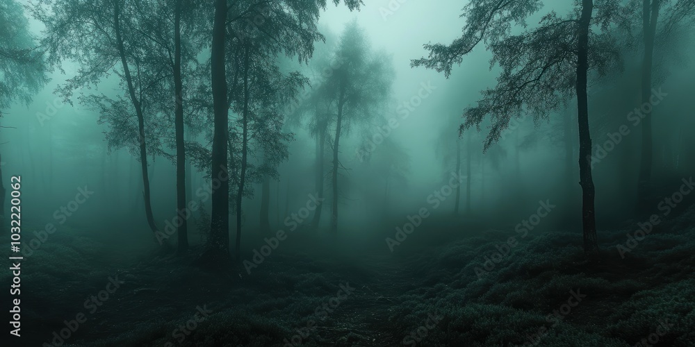 Obraz premium Misty forest path with tall trees.