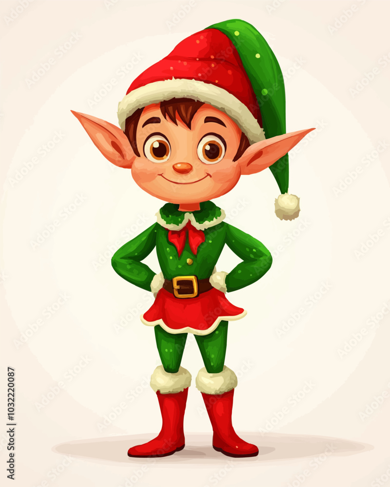 Cartoon groovy Christmas elf character dressed in festive green and red attire, spreading holiday cheer. Isolated vector Santa helper gnome personage features a cheerful expression and playful pose