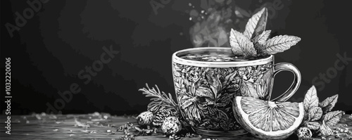 Intricate Mug mulled wine with Beverage and Herbs in Black and White Style