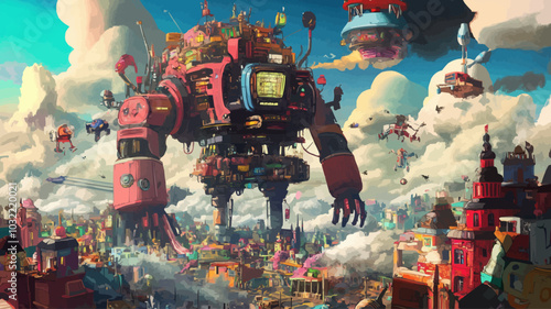 A lively fantasy landscape showcases a large robot fortress, surrounded by colorful buildings, whimsical clouds, and playful elements highlighting creativity and chaos