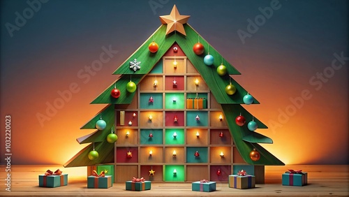 Advent calendar shaped like a Christmas tree with presents and lights
